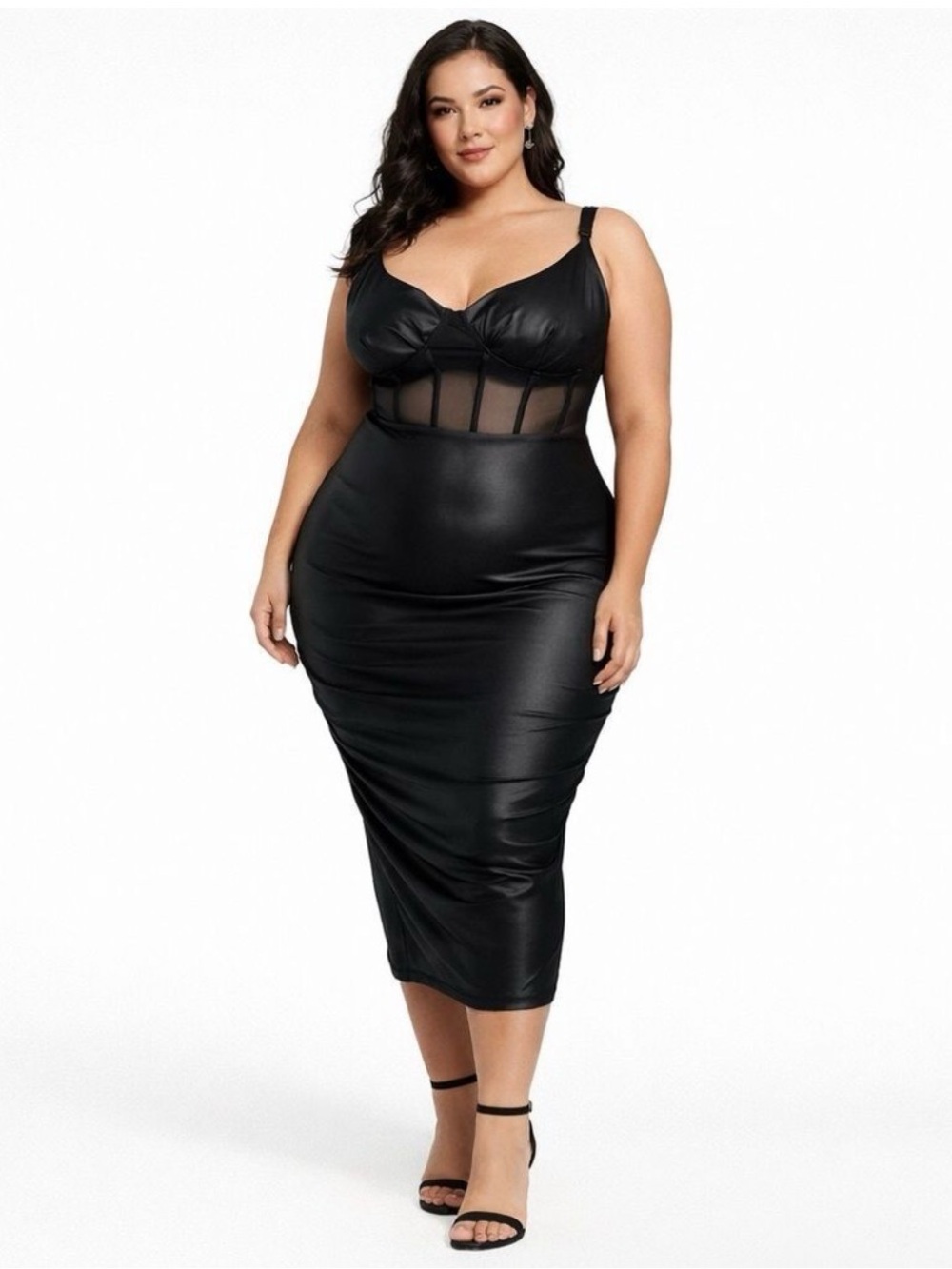 SHEIN Curve | Plus Size Bodycon Slip Dress with Sheer Corset